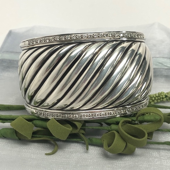 David Yurman Diamond Large Sculpted Cable Cuff Bracelet .925 - Picture 10 of 12